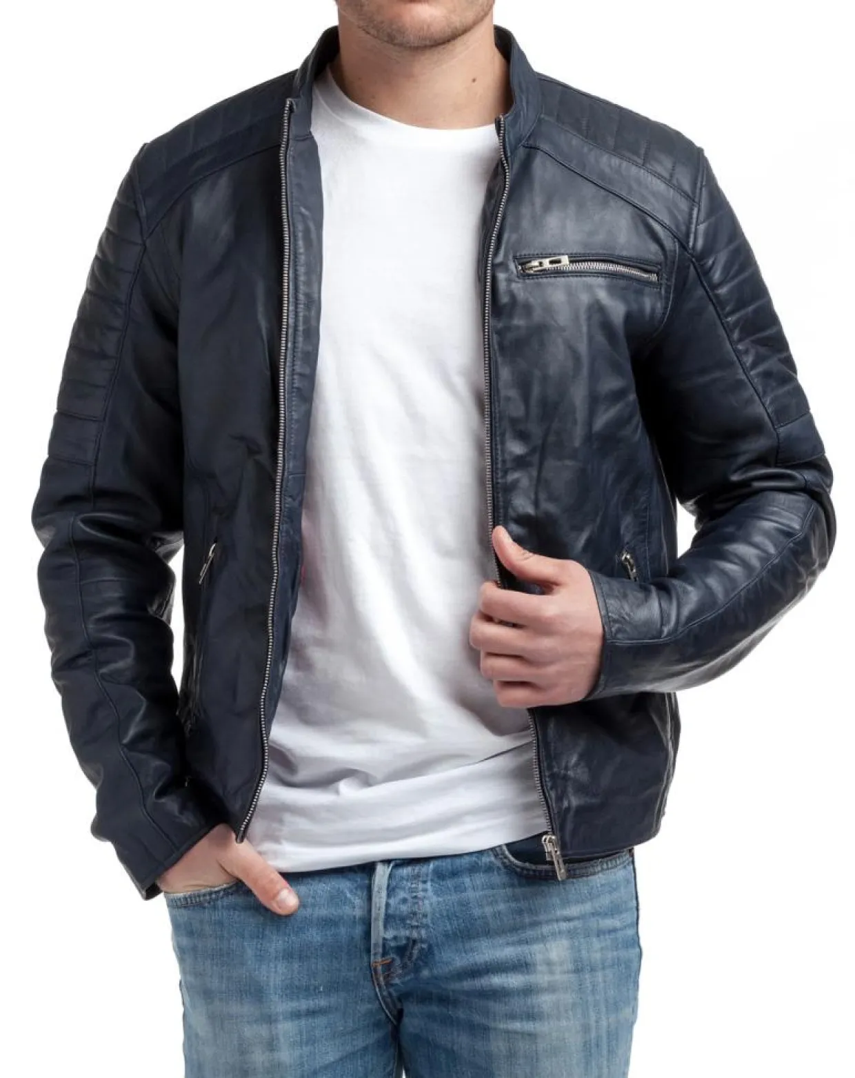 Homme Chyston Vestes, Blousons^Veste en Cuir Manuel bleu marine