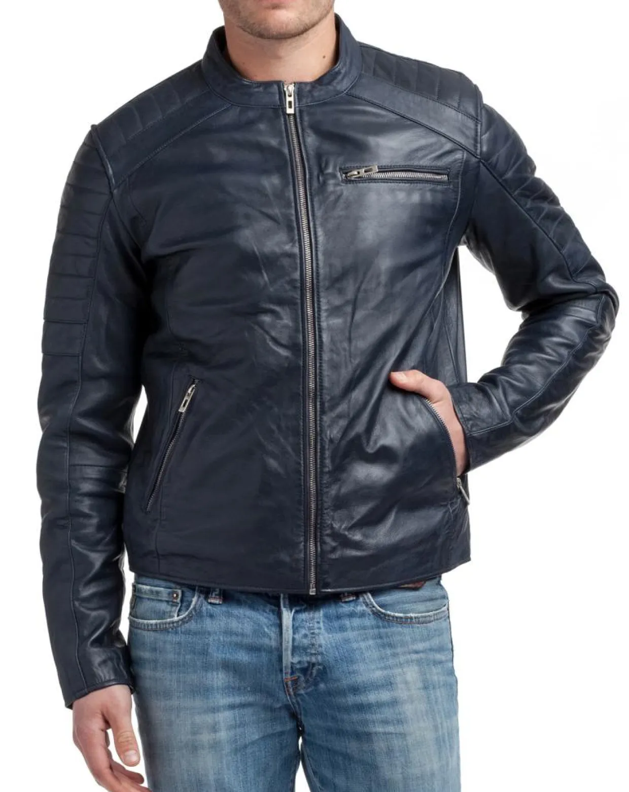 Homme Chyston Vestes, Blousons^Veste en Cuir Manuel bleu marine