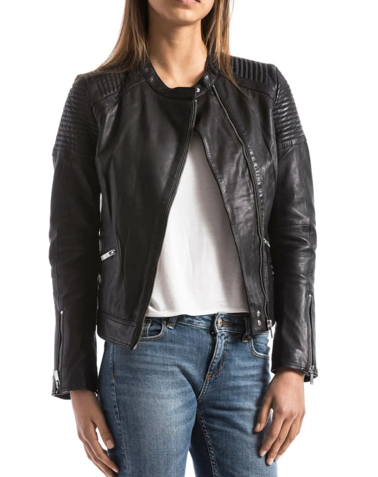 Veste en Cuir Narmada noire-Blue Wellford Clearance