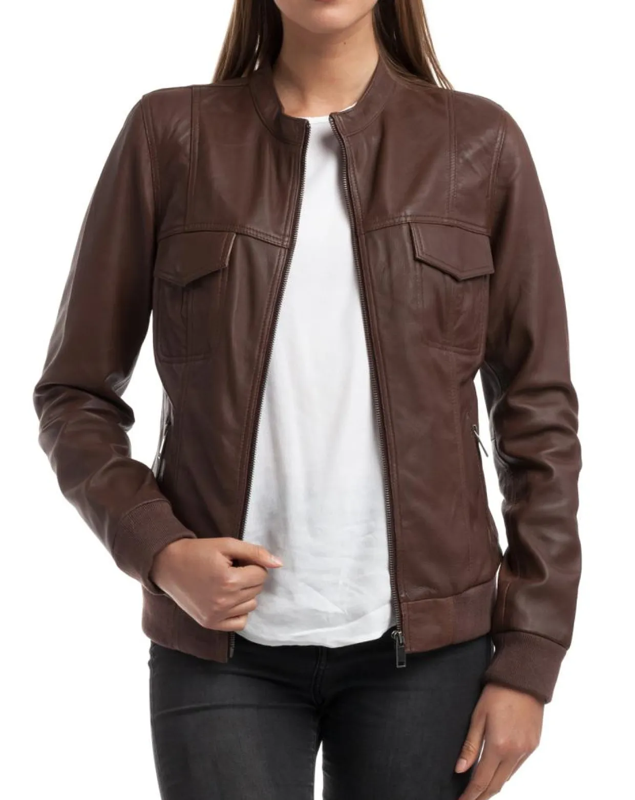 Femme Chyston Vestes, Blousons^Veste en Cuir Oliv marron