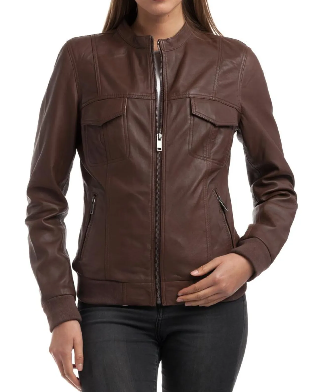 Femme Chyston Vestes, Blousons^Veste en Cuir Oliv marron