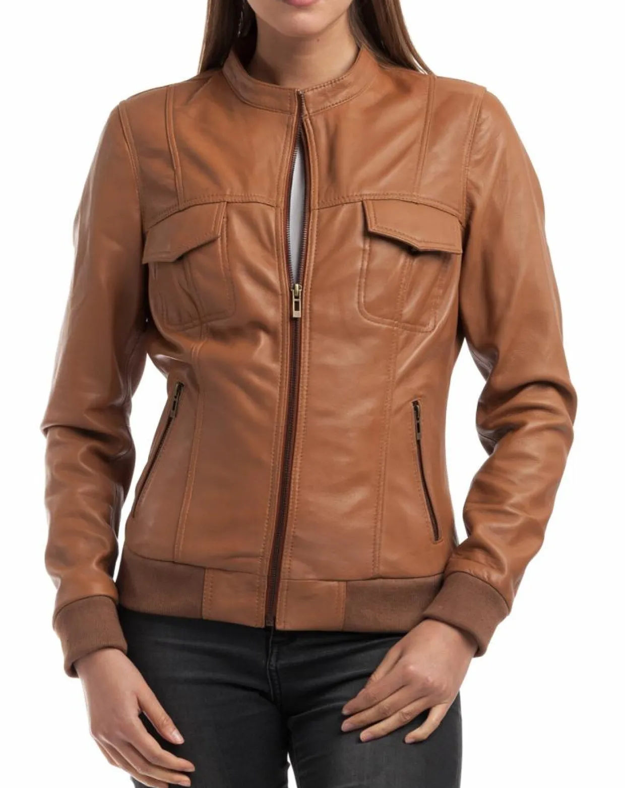 Veste en Cuir Olive cognac-Chyston