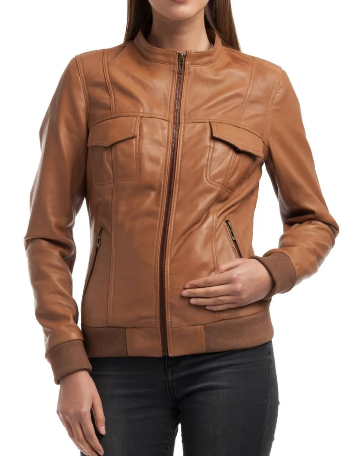 Veste en Cuir Olive cognac-Chyston
