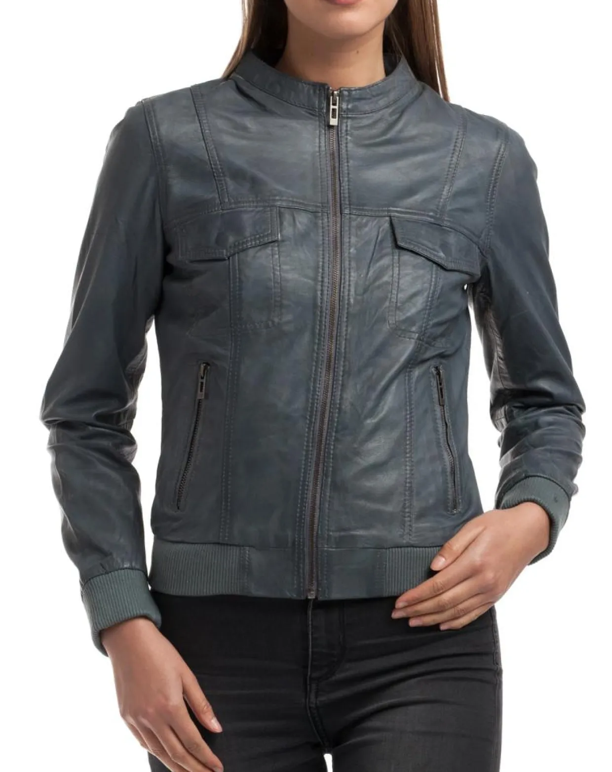 Veste en Cuir Olive grise-Chyston Discount