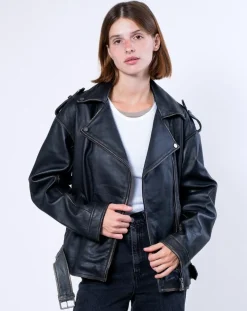 Veste en Cuir Oversize Carolane noir ruboff-Blue Wellford Clearance