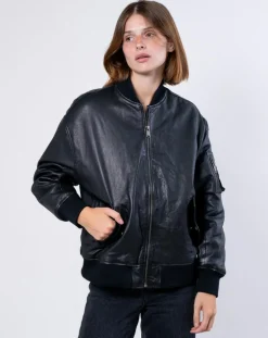 Veste en Cuir Oversize Cassylia noire-Blue Wellford
