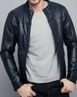 Homme Chyston Vestes, Blousons^Veste en Cuir Raphaël bleu marine
