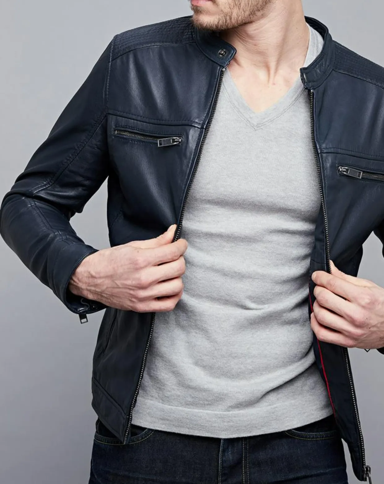 Homme Chyston Vestes, Blousons^Veste en Cuir Timoty bleu marine