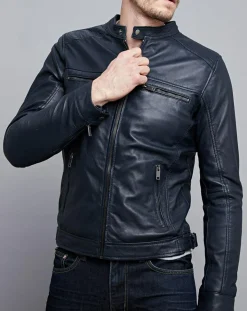 Homme Chyston Vestes, Blousons^Veste en Cuir Timoty bleu marine