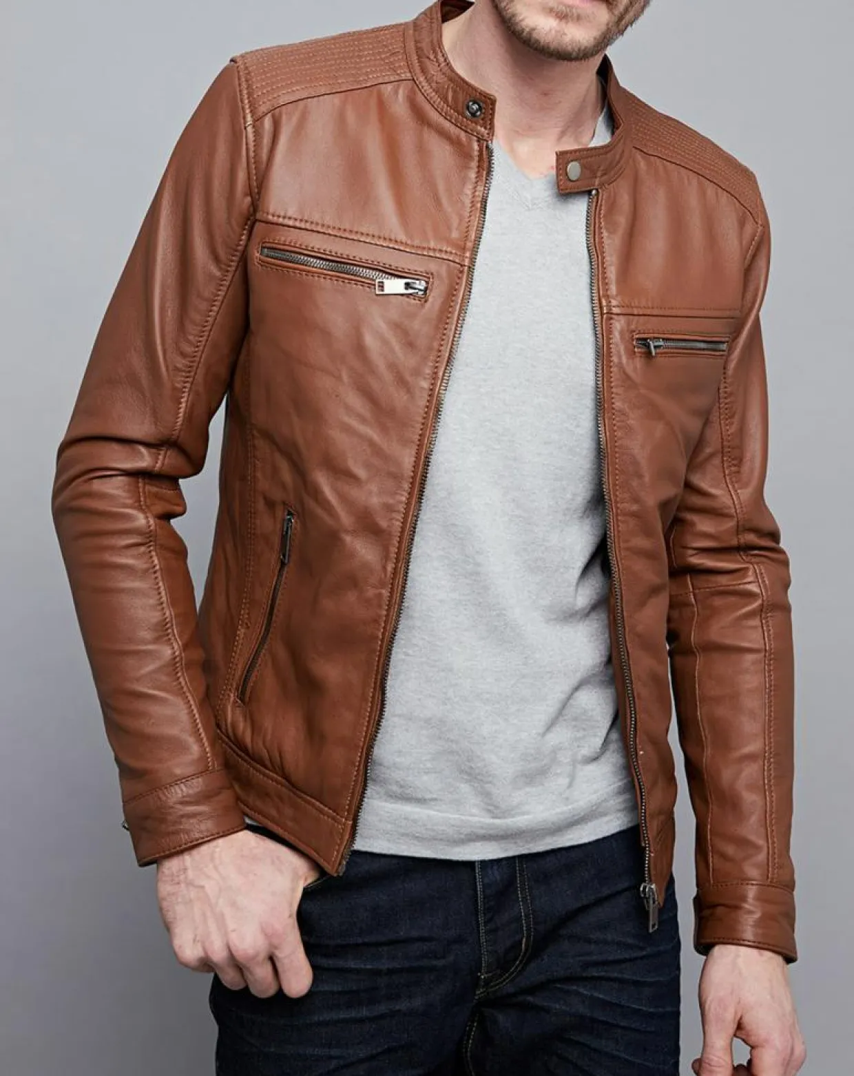Veste en Cuir Timoty cognac-Chyston Sale