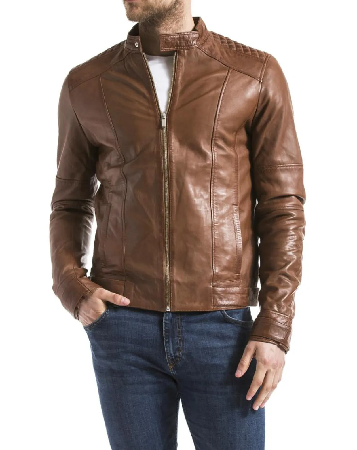 Veste en Cuir Yangtze cognac-Blue Wellford New