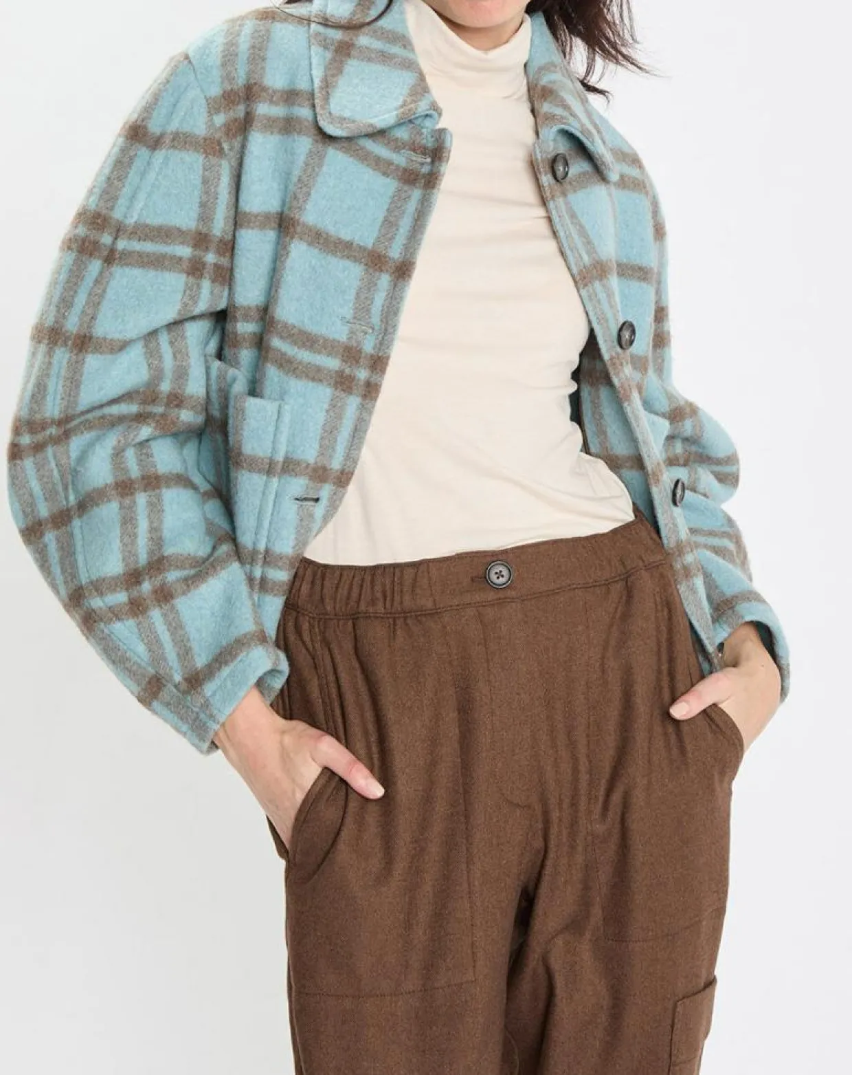 Femme Marc O'Polo Vestes, Blousons^Veste en Laine mélangée à carreaux Cropped bleue