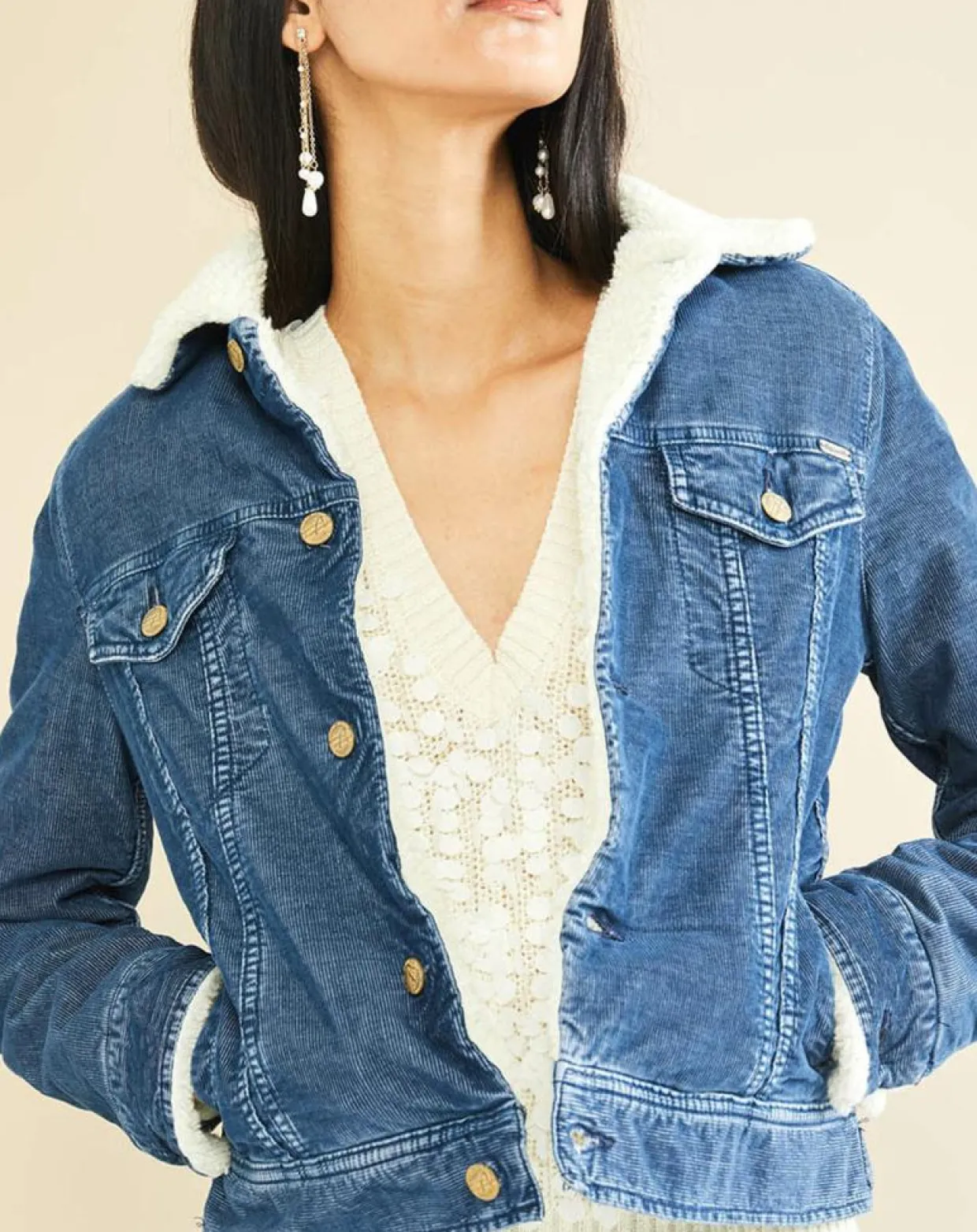 Veste fourrée en Velours côtelé sherpa Barth indigo-Acquaverde Outlet