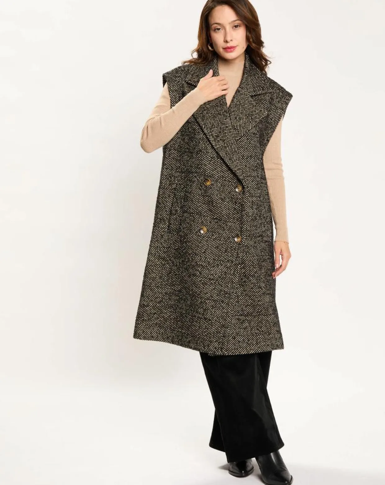 Veste longue sans manches en Laine mélangée Elsa noire-Lauren Vidal Hot